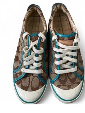 Coach Brown Signature Canvas Sneakers with Teal Trim. Size 8